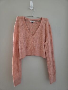 American Eagle Outfitters Peach Openwork V-Neck Button Cardigan